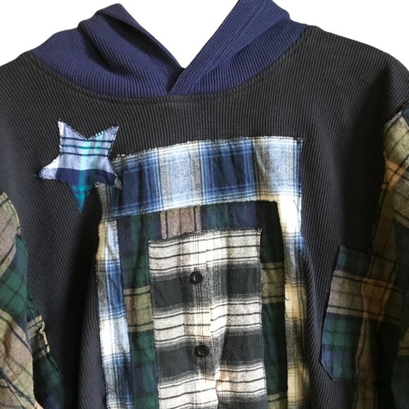 Upcycled Waffle Knit Hoodie: Plus Size XL-2X, Plaid Patches & Appliquéd Stars - Picture 5 of 13